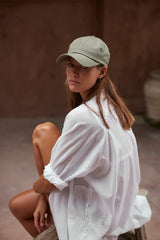 A Model Wearing a White Classic Cotton Shirt Dress