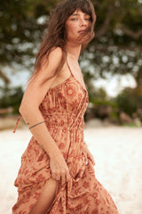 Adjustable tie straps on Rust print dress