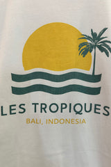 Close-up of Les Tropiques sweater featuring vintage tropical graphic in yellow and green