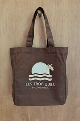 Brown Les Tropiques cotton canvas tote featuring vintage tropical motif