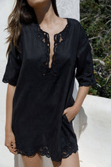 Black linen tunic dress with lace trim