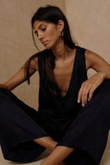 Model in the navy satin set by LILYA