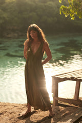 Model on Sumba wears Amazonia Dress in Olive