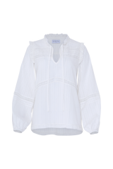 Romantic long sleeve top with front ties and lace detail.