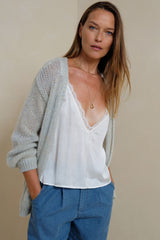 Acrylic–mohair blend cardigan with dropped shoulders