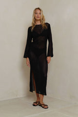 Long sleeve mesh dress in black