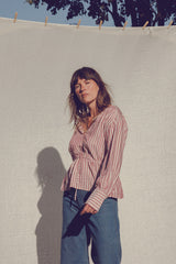 LILYA Sasha Blouse paired with the Peregian Shorts in Merlot Red.