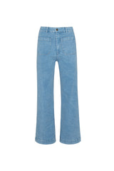 Pale blue high-waisted jeans styled for easy, everyday wear.