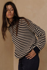 Navy and cream knit with ribbed neck and sleeve hem