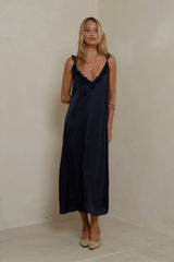 Satin slip dress with lace neckline