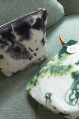 Hand-dyed cotton Tie Dye Pouch by Cove in green and brown colourways