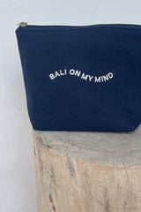 A detail of Bali On My Mind Pouch in navy colour Cove. x We Like Bali The Label.