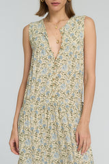 Calvi Dress front view showing V-neckline and floral print detail
