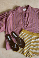 Sunshine Yellow striped shorts styled with LILYA blouse