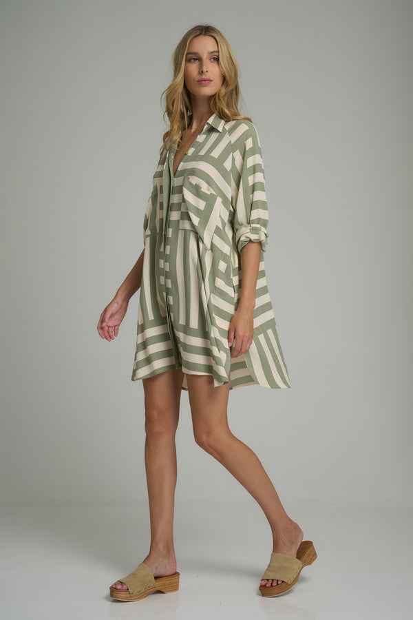 A model wearing a green shirt dress in Australia