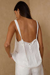 Back view of the button up detail and tie straps on the white Elodie Cami by LILYA