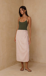 Tie side detail of Hana Wrap Skirt in Teru print