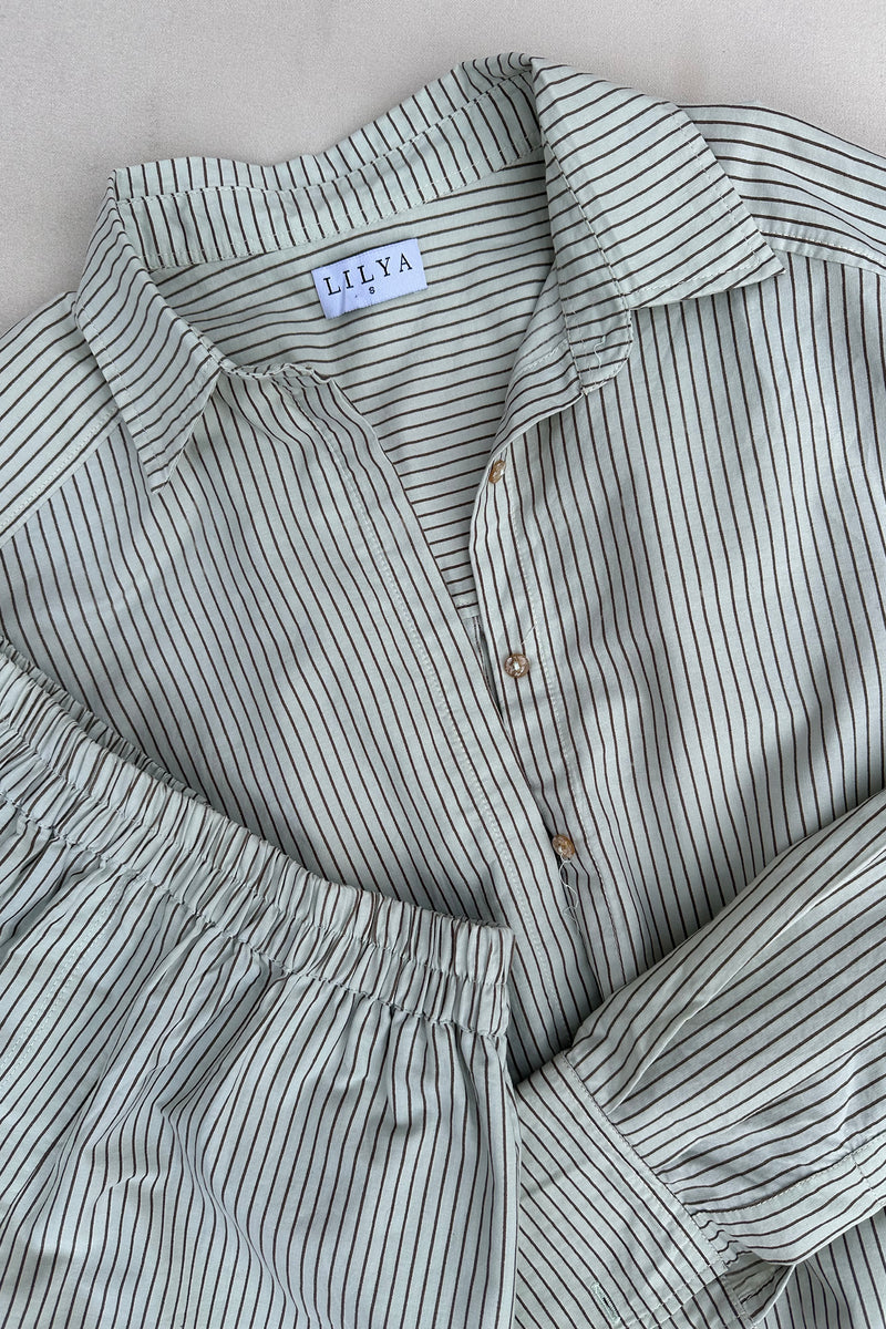 Close up of pinstripe long sleeve top by LILYA