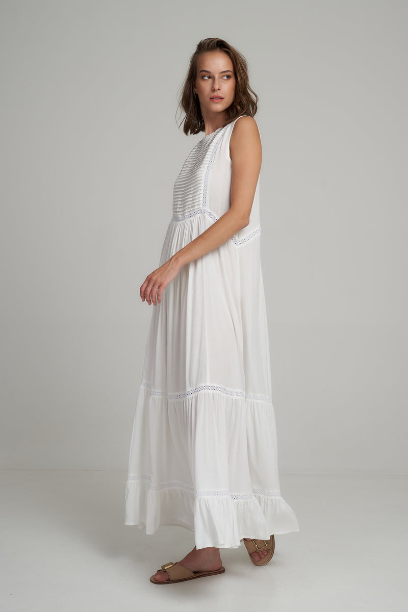 A Model Wearing a White Cotton Summer Maxi Dress