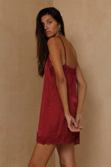Relaxed satin slip-style mini dress in Merlot Red by LILYA.