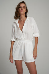 A Model Wearing the Melody White Cotton Bubble Playsuit