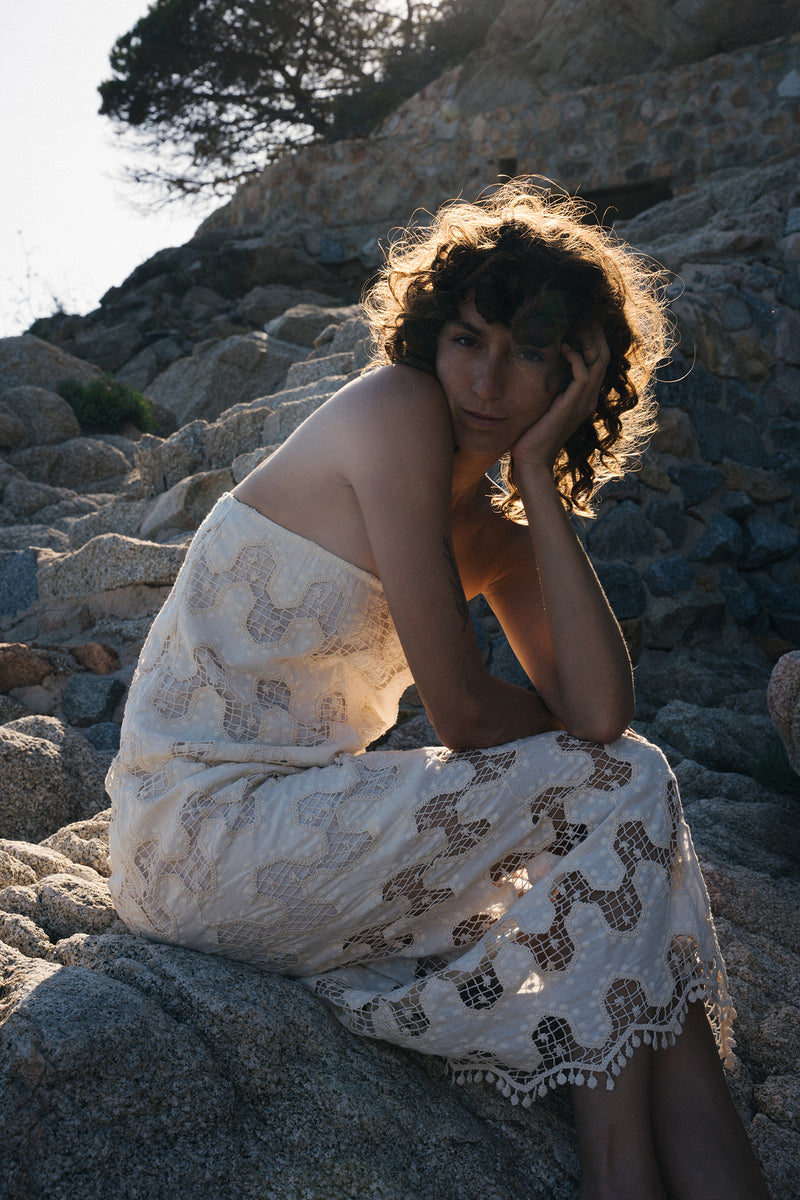 Close up of Norfolk Strapless lace Dress in ivory by lilya