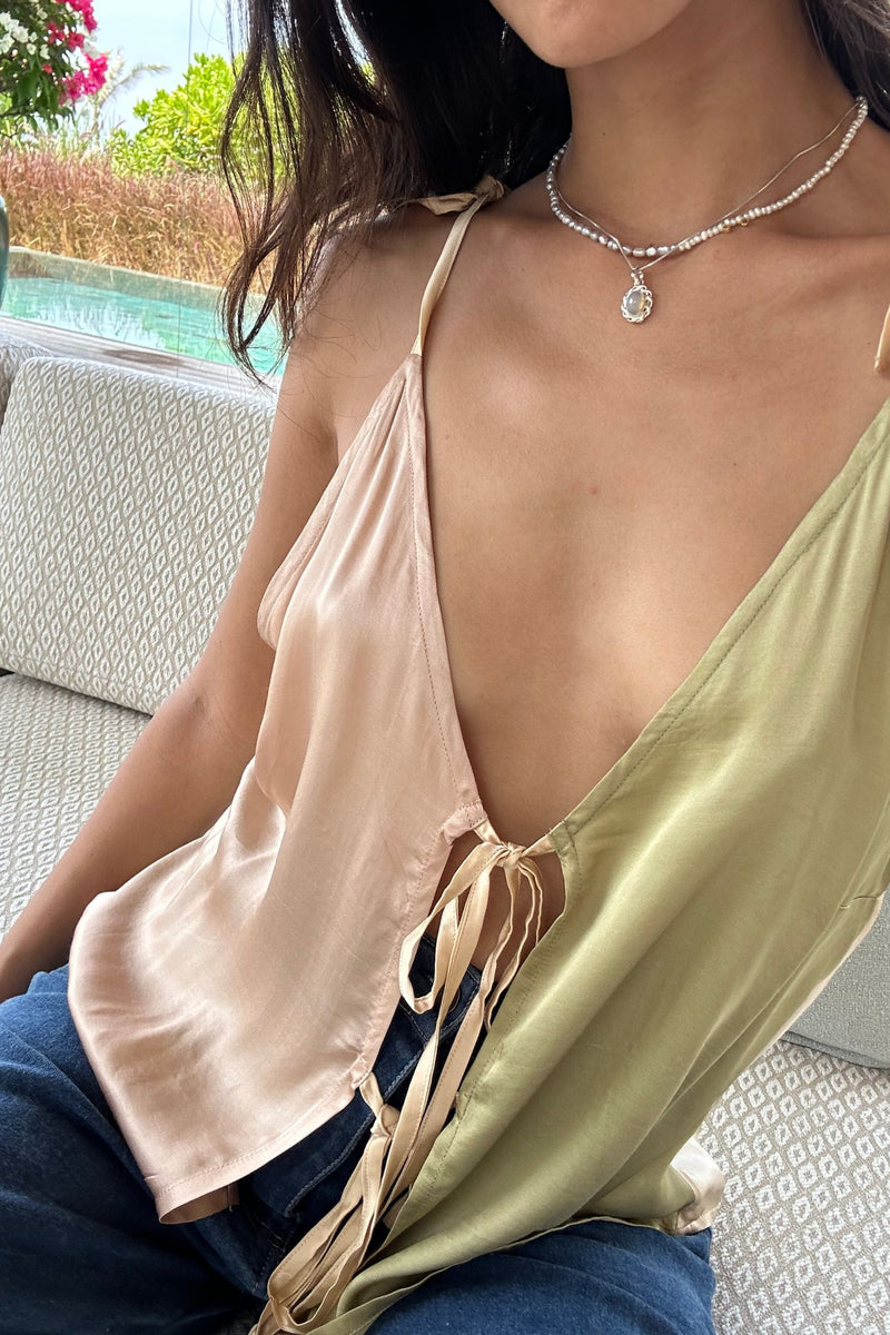 Soft satin look pastel cami in patchwork colours with tie shoulders
