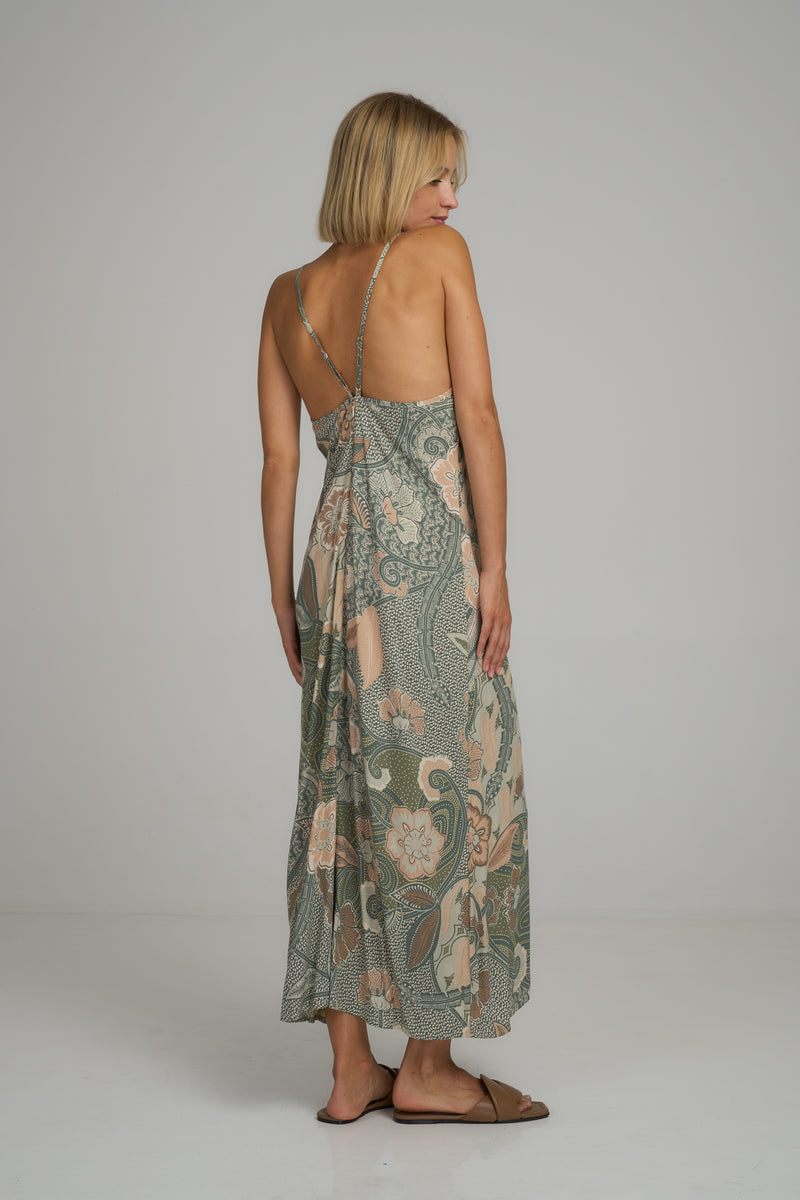 Back detail of the Rama Dress in Batik Sage by LILYA