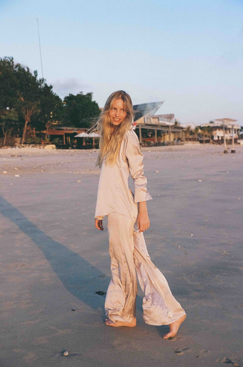 A Model Wearing a Dress Silk Shirt by LILYA
