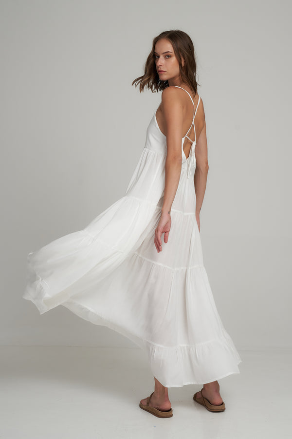 A Model Wearing a White Cotton Backless Maxi Dress