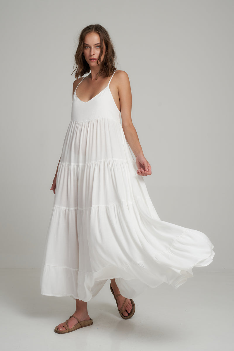 A Woman Wearing a White Summer Layered Maxi Dress