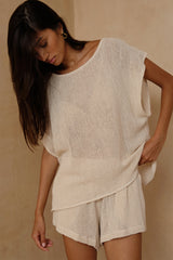 Seychelles mesh tank styled with the matching shorts in a natural colour