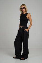 Side View of black linen dress pants by Lilya