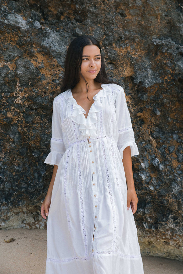 A Model Wearing a White Cotton Dress with Lace