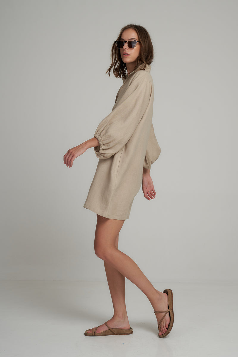 A Woman Wearing a Natural Linen Mini Shift Dress