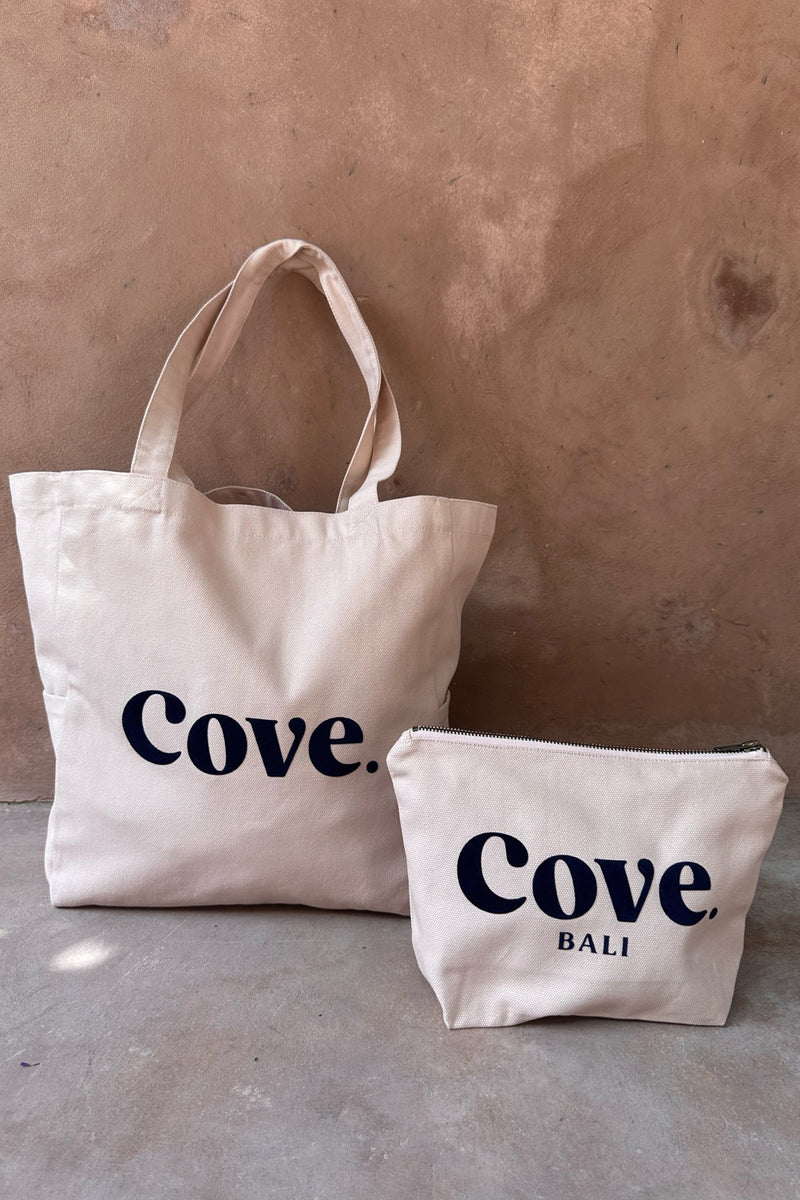 flock tote bag by cove. island essentials in soft pink and navy made in bali