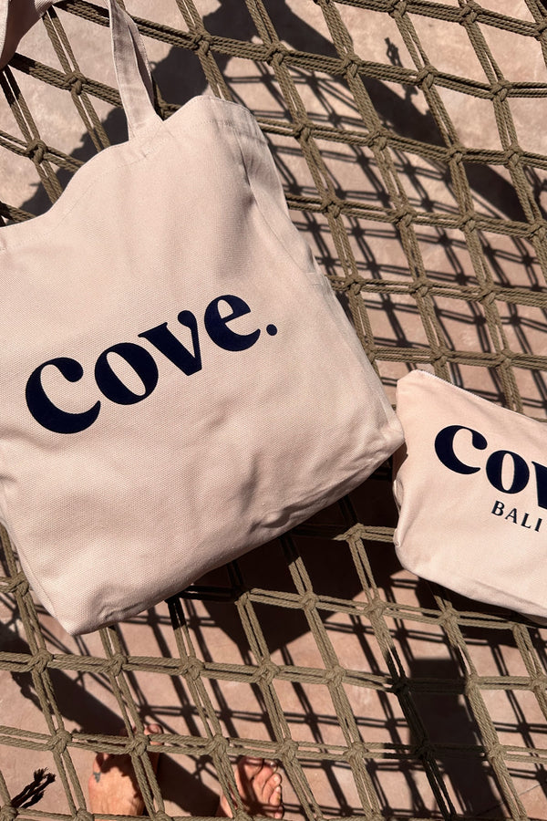 cove. island essentials flock tote bag in color pink and navy made in bali