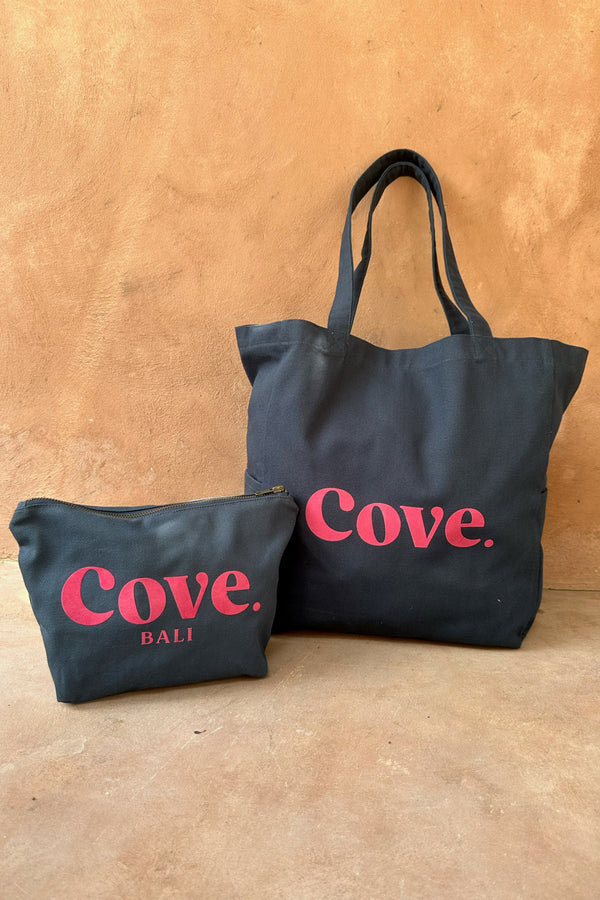 cove. island essentials flock tote bag in navy and pink color made in bali
