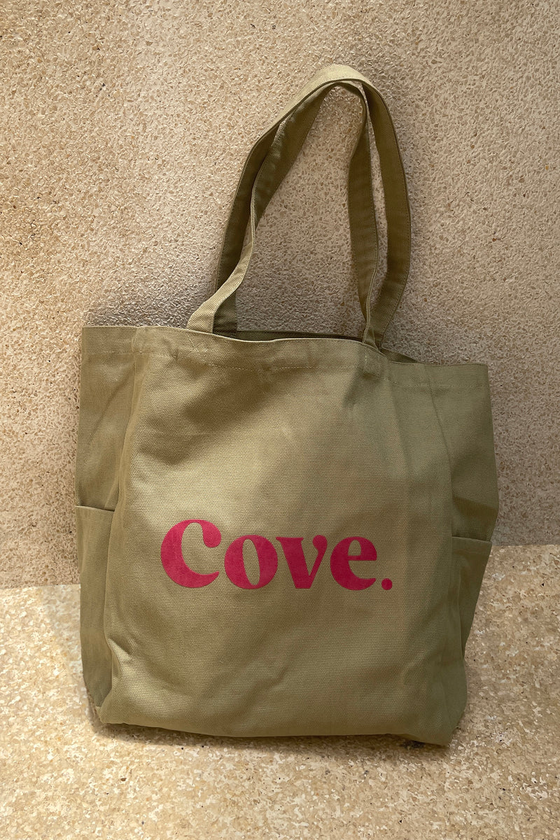 cove. flock tote bag in khaki pink color made in bali