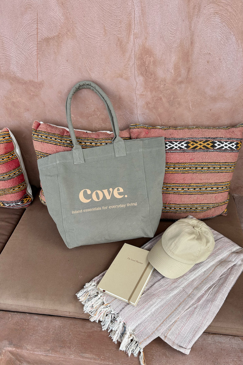 cove. island essentials island tote bag in moss green color 