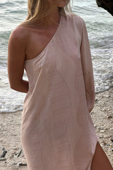 Layne earthy print maxi dress showing relaxed silhouette and side split