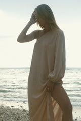 Layne maxi dress showing one-shoulder neckline and elasticated cuff