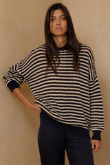 Navy Sand striped cotton knit top with relaxed open-weave texture 