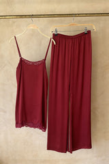 LILYA Essentia Pants in Merlot Red satin viscose for a silky set for events