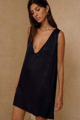 Marlowe navy satin mini dress with v neckline