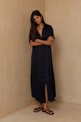 The Hutton button-front shirt dress by LILYA, perfect for women over 40 for day to night styling. 