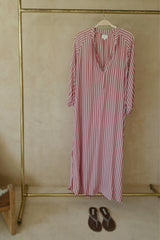 Close-up of the Toulouse Dress showing the Amalfi Stripe fabric, button front and soft Nehru collar.