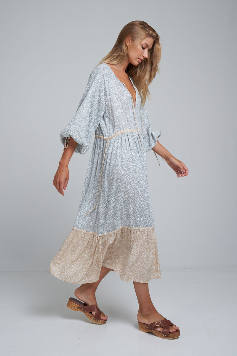 A Woman Wearing a Boho Floral Maxi Dress