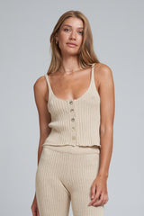 A Model Wearing a Natural Button Down Ribbed Singlet